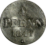 German States HANNOVER Ernst August Silver 1841-S 4 Pfennig  AU/UNC KM# 177.2