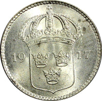 SWEDEN Gustaf V Silver 1917 W 10 Öre  WWI ISSUE UNC KM# 780 (21 912)
