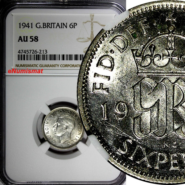 GREAT BRITAIN George VI Silver 1941 6 Pence NGC AU58  KM# 852 (213)