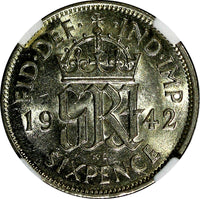 Great Britain George VI Silver 1942 6 Pence NGC AU55 KM# 852 (035)