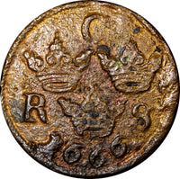 Sweden CARL XI Copper 1670 SM 1/6 Öre VF/XF  KM# 254 (21 021)