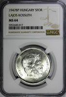 Hungary Lajos Kossuth Silver 1947 BP 5 Forint 1 Year NGC MS63 KM# 534a (17)