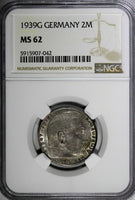 Germany - Third Reich Silver 1939 G 2 Reichs Mark NGC MS62 Hindenburg KM# 93 (2)