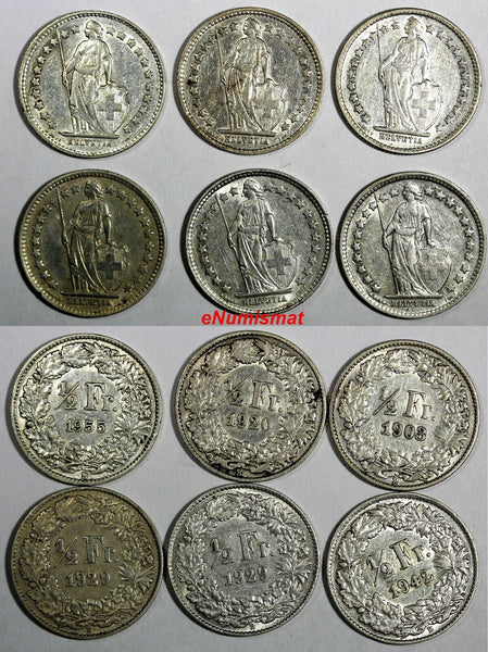 Switzerland Silver LOT OF 6 COINS 1903-1955 1/2 Franc  KM# 23 (17 047)