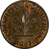 Germany - Federal Republic Bronze 1963 J 2 Pfennig Hamburg Mint Unc KM# 106 (80)