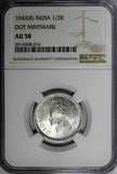 India-British George VI Silver 1943 (B) 1/2 Rupee DOT NGC AU58 KM# 552 (016)