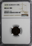 Norway Oscar II Bronze 1878 1 Ore NGC MS61 BN KEY RARE DATE KM# 352