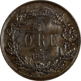 SWEDEN Oscar I Bronze 1857 5 Ore Mintage-731,000 aUNC  KM# 690 (15 475)