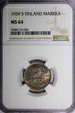 Finland Copper-Nickel 1939 S 1 Markka WWII Issue NGC MS64 TOP GRADED KM# 30 (6)