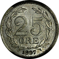 SWEDEN Oscar II Silver 1897 EB 25 Ore aUNC Toned KM# 739 (15 592)