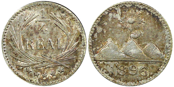 Guatemala Silver 1896  1/4 Real Radiant sun 3 volcanoes Toned KM# 162 (22 685)