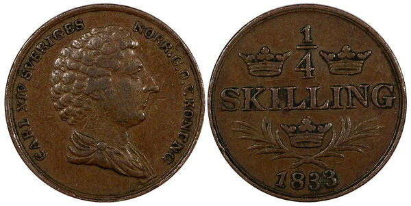 Sweden Carl XIV Johan Copper 1833/2 1/4 Skilling OVERDATE KM# 636 (20 847)