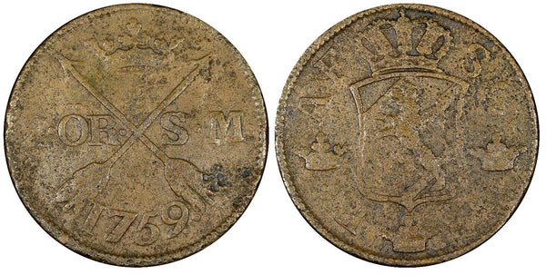 Sweden Adolf Frederick Copper 1759 2 Ore, S.M. Mintage-352,000 KM# 461 (21 342)