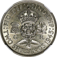 GREAT BRITAIN George VI Silver 1945 Florin /2 Shilling NGC UNC DET.WWII KM855(3)
