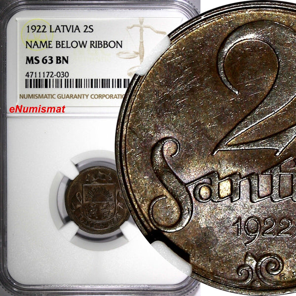 LATVIA 1922 2 Santimi Name below Ribbon Better Variety NGC MS63 BN KM# 2 (030)