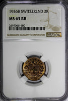 SWITZERLAND Bronze 1936 B 2 Rappen NGC MS63 RB RED Mintage-500,000 KM# 4.2a (180