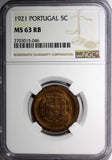 Portugal Bronze 1921 5 Centavos NGC MS63 RB 3 YEARS TYPE KM# 569 (046)