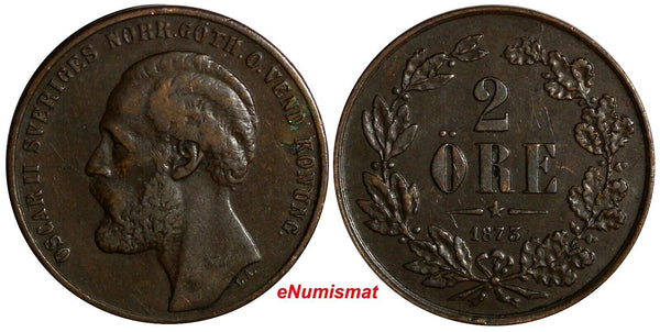 SWEDEN Oscar II (1872-1905) Bronze 1873 L.A. 2 Ore 1 YEAR TYPE KM# 729 (14 405)