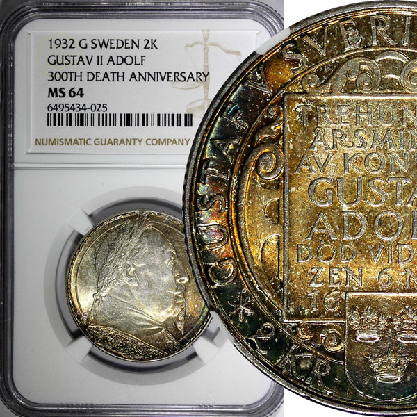 SWEDEN Silver 1932 G 2 Kronor NGC MS64 Death of Gustaf II Adolf Rainbow KM# 805