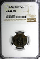 Norway Bronze 1876 2 Ore NGC MS62 BN 1st Year Type Better Date KM# 353