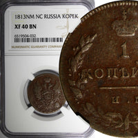 RUSSIA Alexander I Copper 1813 NM PC 2 Kopecks Izhora Mint NGC XF40 C# 117.4(32)