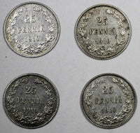 Finland Nicholas II Silver LOT OF 4 COINS 1910 L 25 Pennia Better Date KM#6.2(7)
