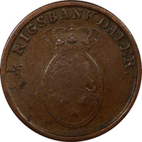 Denmark Frederik VI Copper 1818 1 Skilling Rigsmont Diameter 23 mm KM# 688 (938)