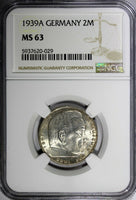 GERMANY-Third Reich Silver 1939 A 2 Reichs Mark NGC MS63 Hindenburg KM# 93 (029)