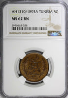 Tunisia Ali III Bronze  AH1310//1893 A 5 Centimes NGC MS62 BN TOP GRADED KM# 221