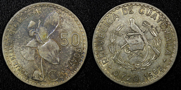 Guatemala Silver 1962 50 Centavos 31 mm Toned KM# 264 (22 611)