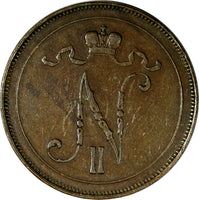 Finland Nicholas II Copper 1910 10 Pennia Mintage-241,000  KM# 14
