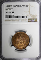 Bolivia Bronze 1883 EG ESSAI 1 Centavo NGC MS64 RB RARE KM# E2 (047)