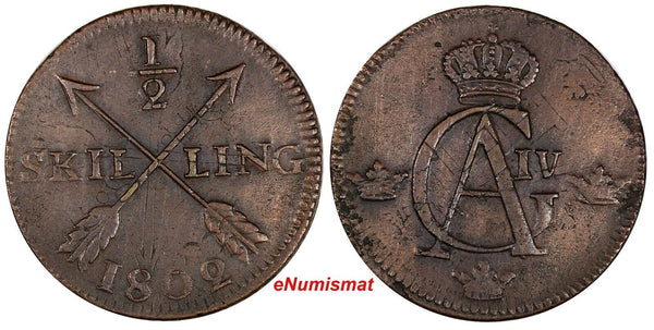 Sweden Gustaf IV 1802 1/2 Skilling Overstruck on 1 Ore 1730-1769 KM# 565(17 114)