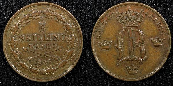 SWEDEN Oscar I Copper 1844 1/6 Skilling 1st Year Type XF KM# 656 (544)
