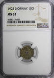 Norway Haakon VII 1925 10 Ore NGC MS63 BETTER DATE 1 GRADED HIGHER  KM# 383 (87)