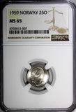 Norway Olav V Copper-Nickel 1959 25 Ore NGC MS65 LIGHT TONED KM# 407 (007)