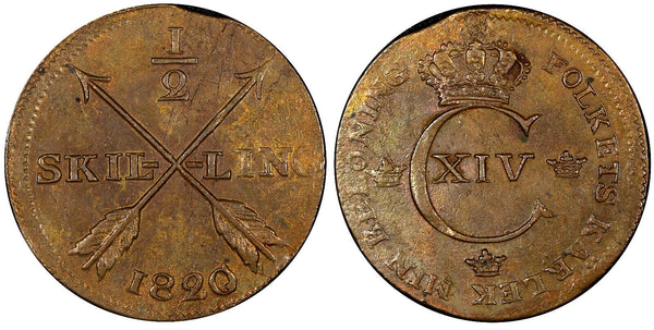 Sweden Carl XIV Johan Copper 1820 1/2 Skilling XF+KM# 596 (21 226)