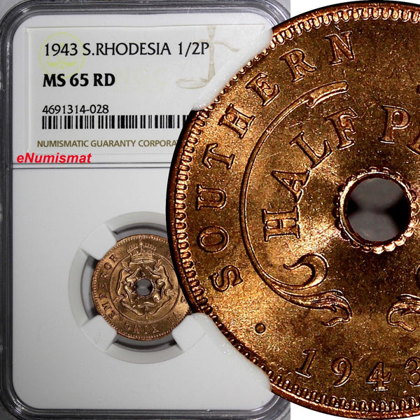 Southern Rhodesia Bronze 1943 1/2 Penny NGC MS65 RD FULL RED TONING KM# 14a (28)
