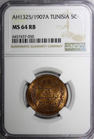 Tunisia Bronze AH1325//1907 A 5 Centimes NGC MS64 RB NICE TONED KM# 235 (050)