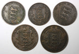 JERSEY Victoria LOT OF 5 BRONZE COINS 1844-1888 1/26 1/13  1/24 Shilling (529)