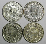 Switzerland Silver LOT OF 4 COINS 1945-1958 1/2 Franc aUNC-UNC KM# 23