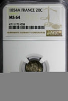 FRANCE Napoleon III Silver 1854 A 20 Centimes NGC MS64 Cabinet Toning KM# 778.1