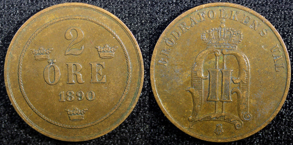 Sweden Oscar II Copper 1890 2 Ore  KM# 746   (23 132)