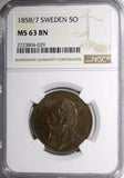 SWEDEN Oscar I Bronze 1858/7 5 Ore Overdate NGC MS63 BN 2 YEAR TYPE KM# 690 (29)