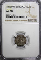 Mexico SPANISH Fernando VII Silver 1813 Mo JJ 1/2 Real NGC AU58 NICE TONED KM#73