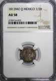 Mexico SPANISH Fernando VII Silver 1813 Mo JJ 1/2 Real NGC AU58 NICE TONED KM#73