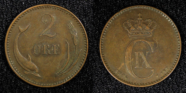 Denmark Christian IX Bronze 1906 VBP 2 Ore Last Year Type  KM# 793.2 (453)