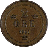 Sweden Oscar II Bronze 1901 2 Öre large letters KM# 746 (19 723)