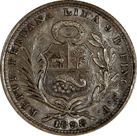 PERU Silver 1898 JF Closed "9"  1/5 Sol Mintage-350,000 XF KM# 205.2 (13 490)