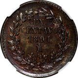 Mexico SECOND REPUBLIC Copper 1891 Mo Centavo NGC UNC DETAILS KM# 391.6 (014)